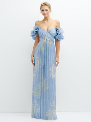 Metallic pleated maxi dress in light blue with ruffle off-shoulder trim and gold floral print