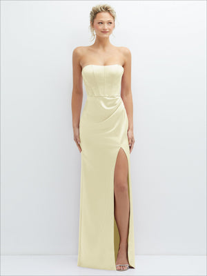 Strapless satin maxi dress with corset bodice and draped column skirt, cream tone, front slit