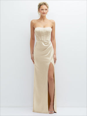 Champagne strapless satin corset maxi dress with draped waist and front slit