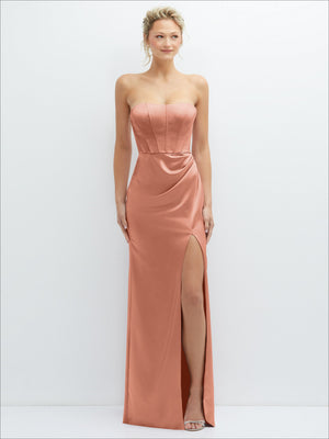 Strapless satin maxi dress with corset bodice and draped column skirt, rose copper tone, front slit
