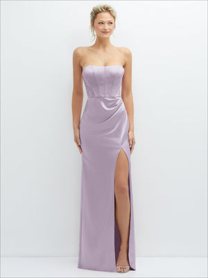 Strapless lilac satin corset maxi dress with draped bodice and front slit column skirt