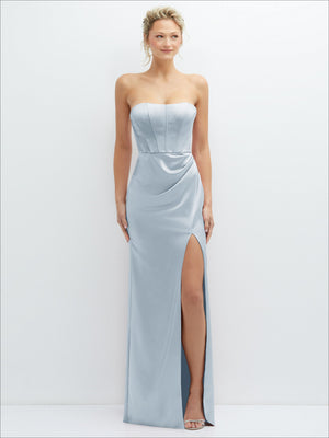 Powder blue strapless satin corset maxi dress with draped front and high leg slit