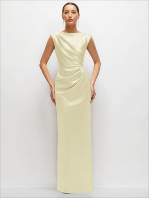 Butter yellow satin maxi dress, high sleeveless neckline, ruched waist drape
