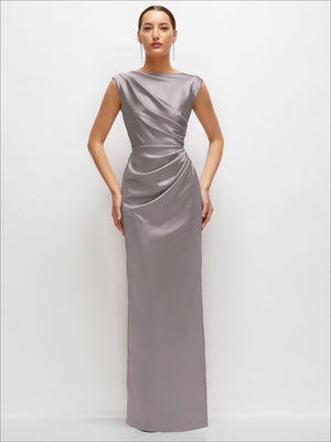 Light gray satin maxi dress with high neck and ruched waist drape, sleeveless