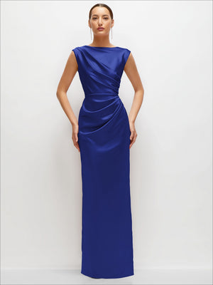 Blue satin high-neck sleeveless maxi dress with ruched drape at waist and side profile.