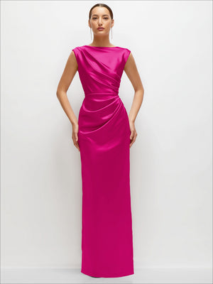 Fuchsia satin high-neck sleeveless maxi dress with ruched drape at waist and long skirt.