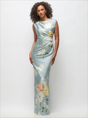 High-neck cap-sleeve satin maxi dress in mist blue with painterly floral print