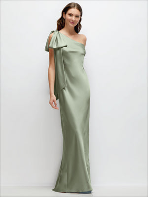 Olive green one-shoulder satin maxi dress with cascading shoulder bow and floor-length hem