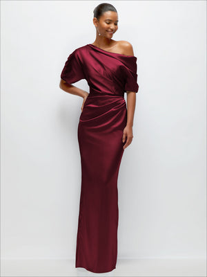 Asymmetrical off-the-shoulder satin maxi dress in deep burgundy, ruched waist pleats