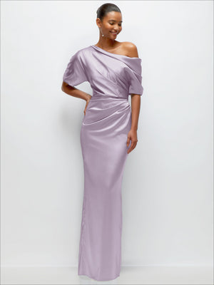 Lavender satin maxi dress with asymmetrical off-shoulder neckline and pleated waist
