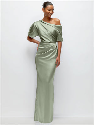 Olive satin maxi dress with off-shoulder neckline and pleated asymmetrical bodice