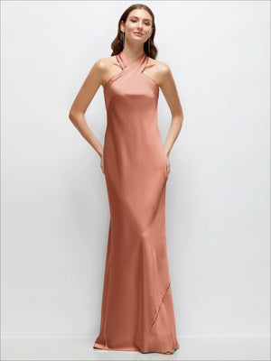 Peach pleated halter satin maxi dress with sleeveless halter neckline, front full view