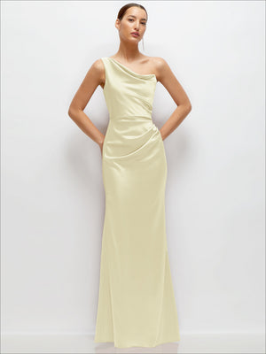 One-shoulder satin maxi dress in pale yellow, ruched neckline, fit-and-flare hem