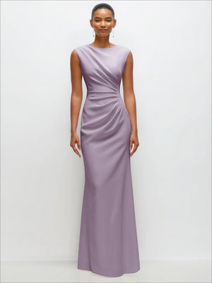 Sleeveless cap-shoulder crepe maxi dress in light mauve with ruched draped bodice