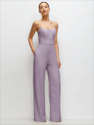 Strapless corset wedding jumpsuit, lilac wide-leg crepe.