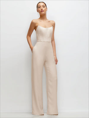 Strapless corset jumpsuit in ivory with straight neckline and wide-leg flares