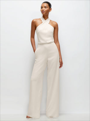 Ivory sleeveless halter crepe jumpsuit with wide-leg pants and draped front