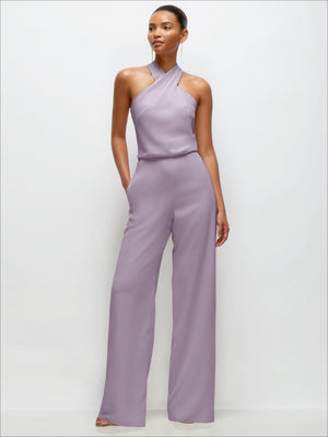 Lilac halter jumpsuit with wide legs and draped bodice