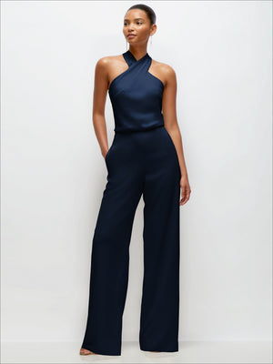 Navy halter crepe wedding jumpsuit with wide legs and blouson sleeveless fit
