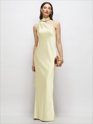 Draped Scarf One-Shoulder Bias Stretch Satin Maxi Dress