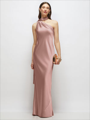 Draped Scarf One-Shoulder Bias Stretch Satin Maxi Dress