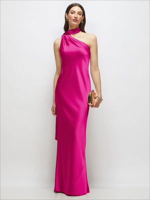 Fuchsia one-shoulder draped satin maxi dress with long asymmetrical shoulder drape