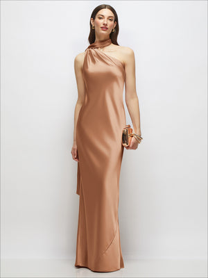 Copper draped one-shoulder satin maxi dress with side sash detail