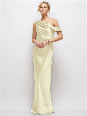 Draped one-shoulder bias satin maxi dress in butter yellow with asymmetrical shoulder