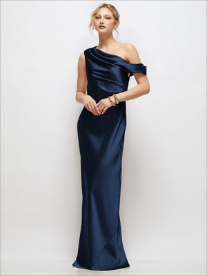 Draped one-shoulder bias stretch satin maxi dress in midnight navy with draped sash.