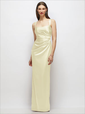 Light yellow satin maxi dress, scoop neck drape, sleeveless column silhouette