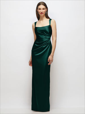 Dark green satin maxi dress with scoop neckline, draped ruched column, sleeveless