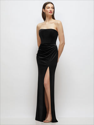 Black strapless velvet corset maxi dress with gathered waist and front slit