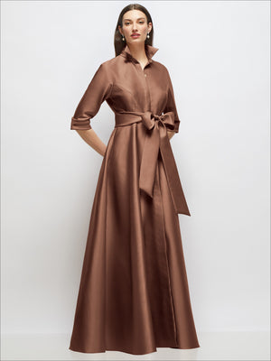 Cocoa brown satin shirt dress gown with 3/4 sleeves, sash bow, jeweled buttons