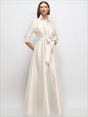 Ivory satin shirt dress with 3/4 sleeves, high collar, waist sash bow, button front, front view