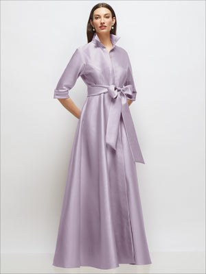 Lilac satin shirt dress gown with 3/4 sleeves, sash tie at waist, jeweled buttons