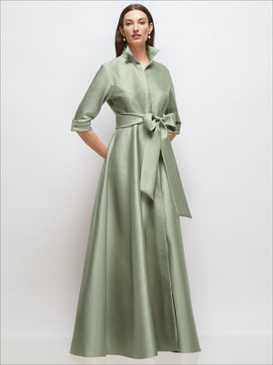 Satin shirt dress gown with sash and jeweled buttons, sage green, front view, 3/4 sleeves