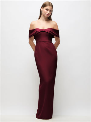 Off-the-shoulder crepe column maxi dress with bow-pinch detail, burgundy
