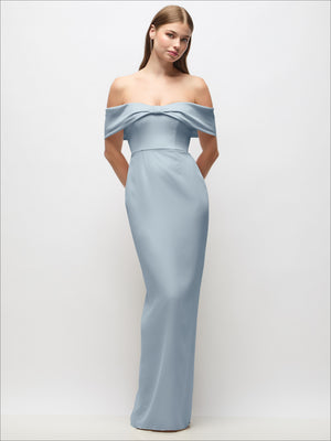Off-the-shoulder crepe column maxi dress with bow-pinch detail, light blue