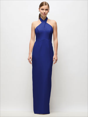 Criss-cross halter open-back crepe column maxi dress, cobalt blue; halter neckline and column drape.