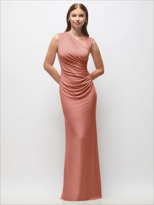 Rose matte jersey maxi dress with asymmetrical ruched drape and V-neckline