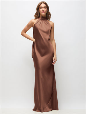 Chocolate brown draped satin halter maxi dress with open back and adjustable straps