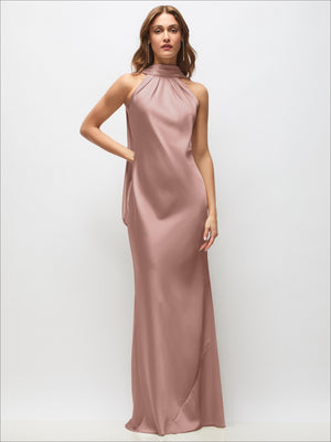 Draped Scarf Halter Open-Back Stretch Satin Bias Maxi Dress with Adjustable Straps