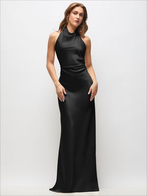 Black stretch satin bias maxi dress with high cowl neck, sleeveless silhouette.