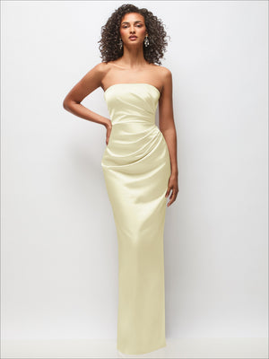 Strapless draped satin column maxi dress in pale champagne yellow