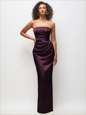 Strapless draped satin column maxi dress in burgundy purple with gathered bodice