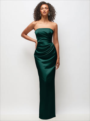 Strapless draped satin column maxi dress in deep green