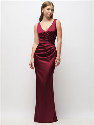 Sleeveless satin column maxi dress in deep maroon with draped wrap bodice and V-neck.