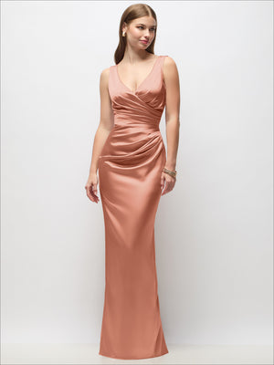 Sleeveless draped wrap satin maxi dress, copper brown
