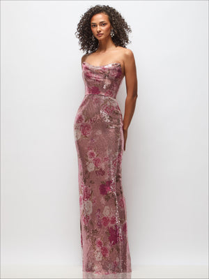 Rose sequin maxi dress with draped cowl neckline and column silhouette