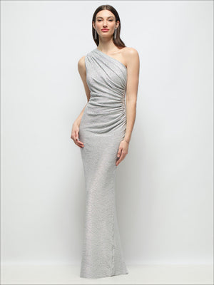 Silver metallic one-shoulder ruched waist gown, sleeveless column silhouette, floor-length